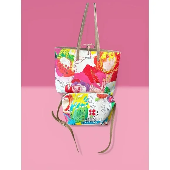 Desigual NWOT Reversible Tote Bag Set Large Floral Tan Pouch Bohemian Chic Art - Picture 3 of 14